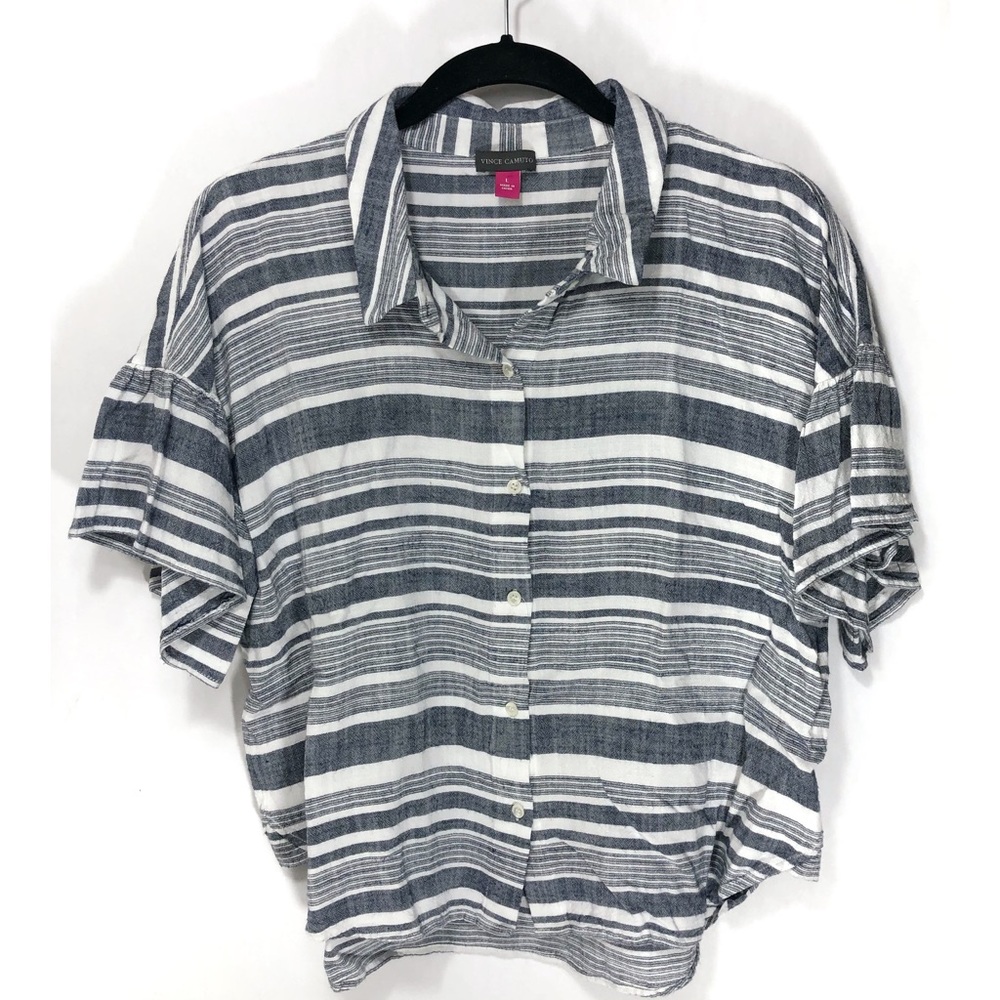 Vince Camuto Striped Button Down Shirt Blue White Striped Short Sleeve Large